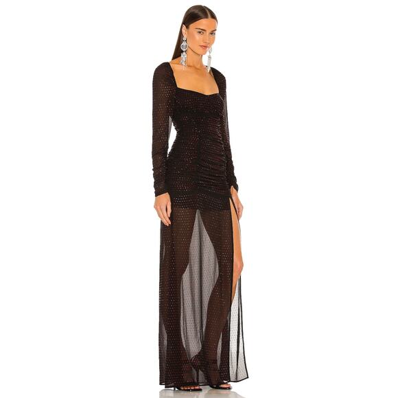 Dundas x Revolve Stardust Ruched Maxi Dress Long Sleeve Side Slit Black Ruby XL - Picture 2 of 14
